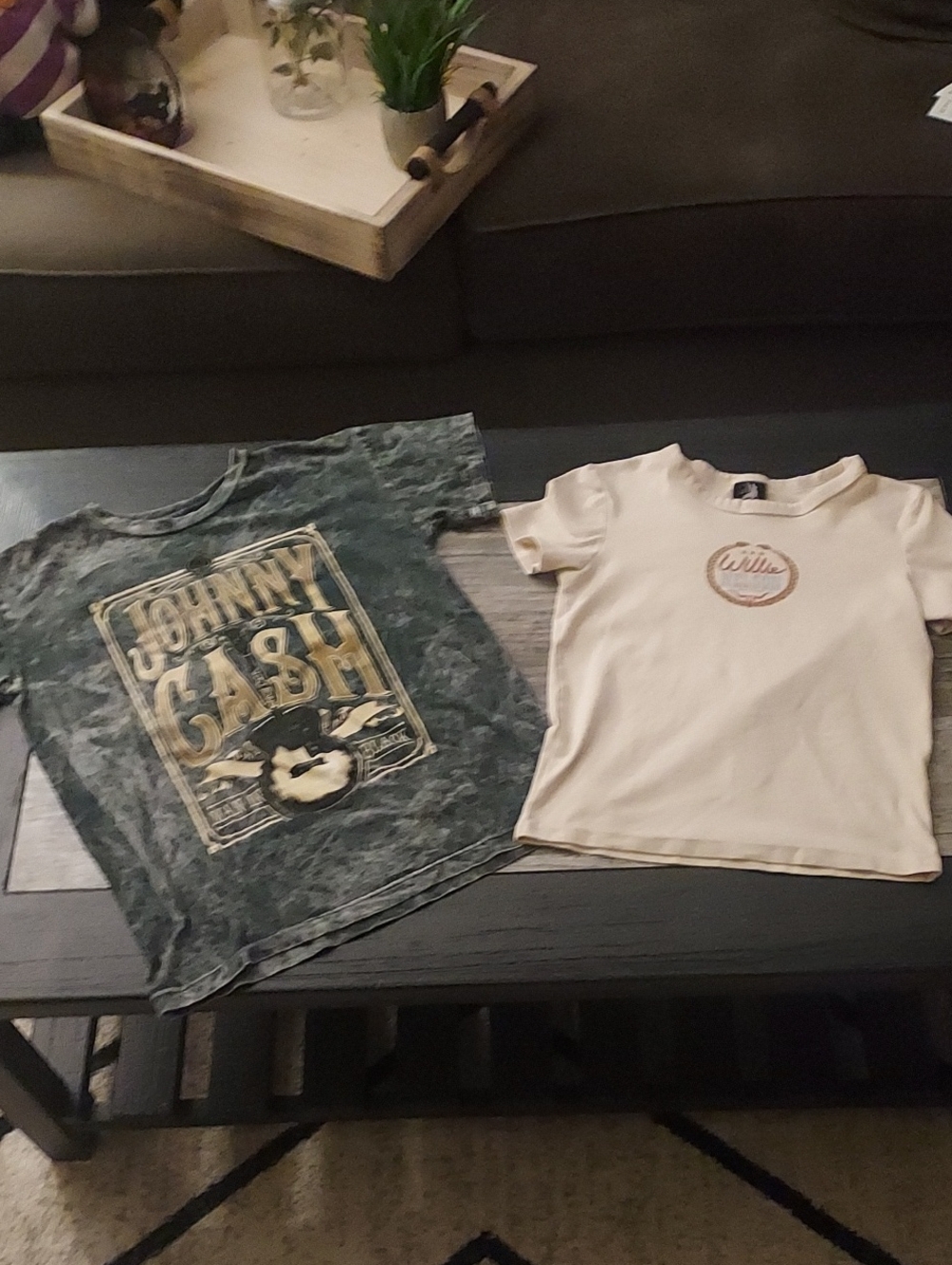 Johnny Cash Short Sleeve Tee in Gray Acid-Wash AND biege Willie Nelson Tee